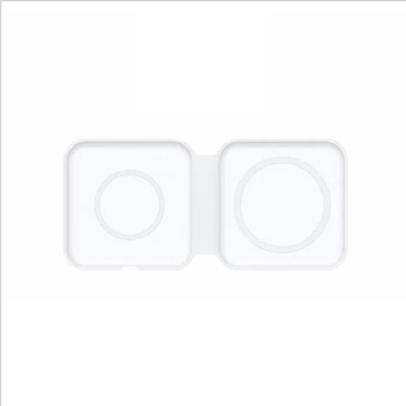 White foldable magnetic wireless charging dock showing dual charging pads for two phones