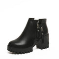 Women's chunky heel platform booties with rivets in artificial PU, black, mid-calf sock length, 9.5cm heel