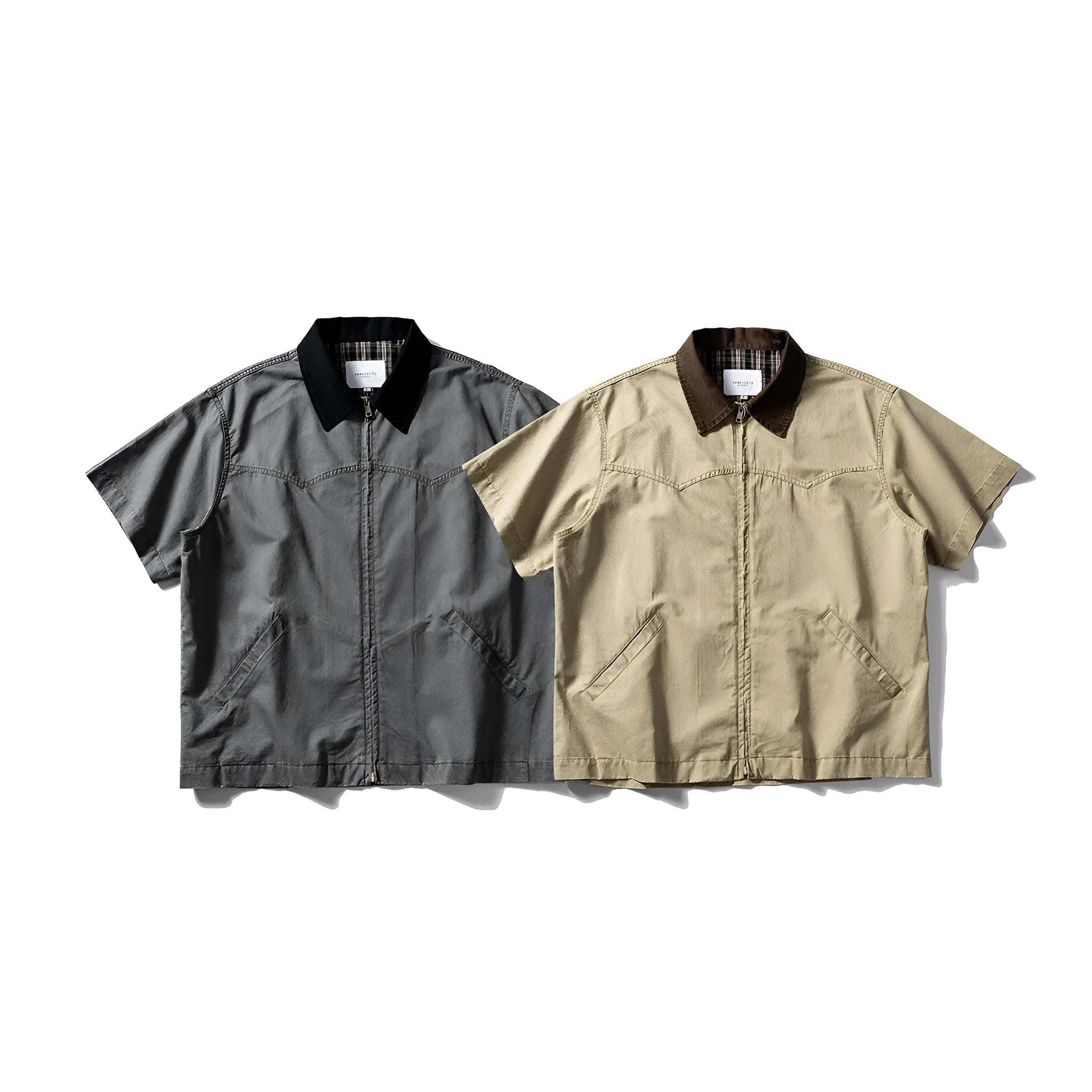 Short sleeve washed cotton overalls shirt in loose cardigan style, khaki colour, on hanger