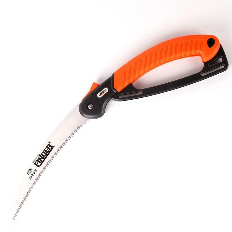Garden folding hand saw with extended 230mm blade showing TPR grip and 65MN steel construction