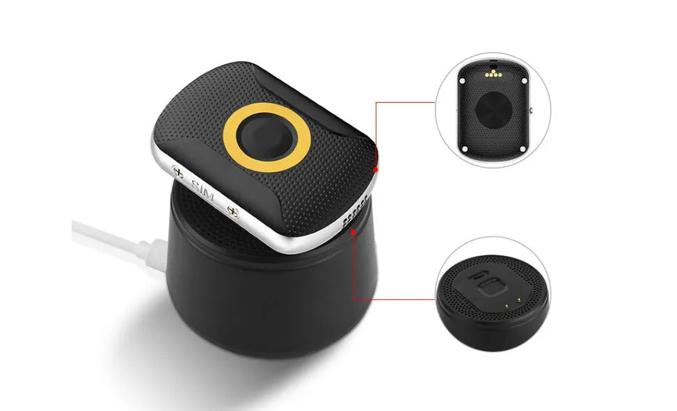 Black GPS tracker for children elders and pets with SOS button and splash water resistant design