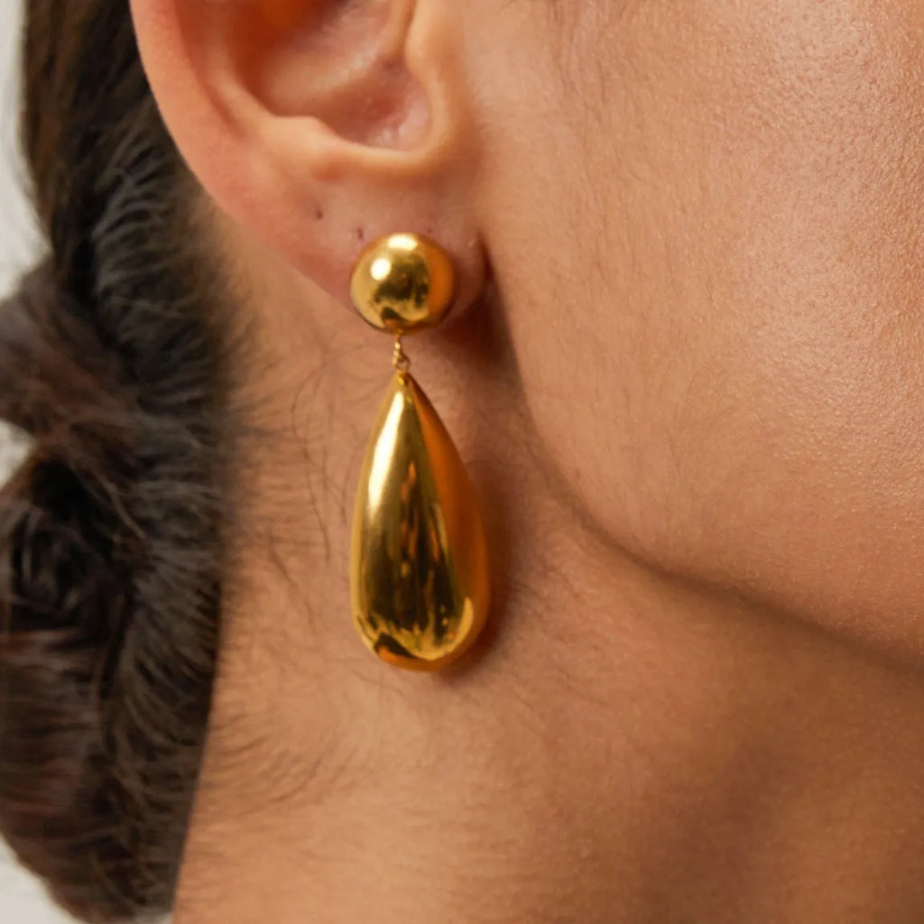 Gold geometric water drop earrings with hemispherical stainless steel construction
