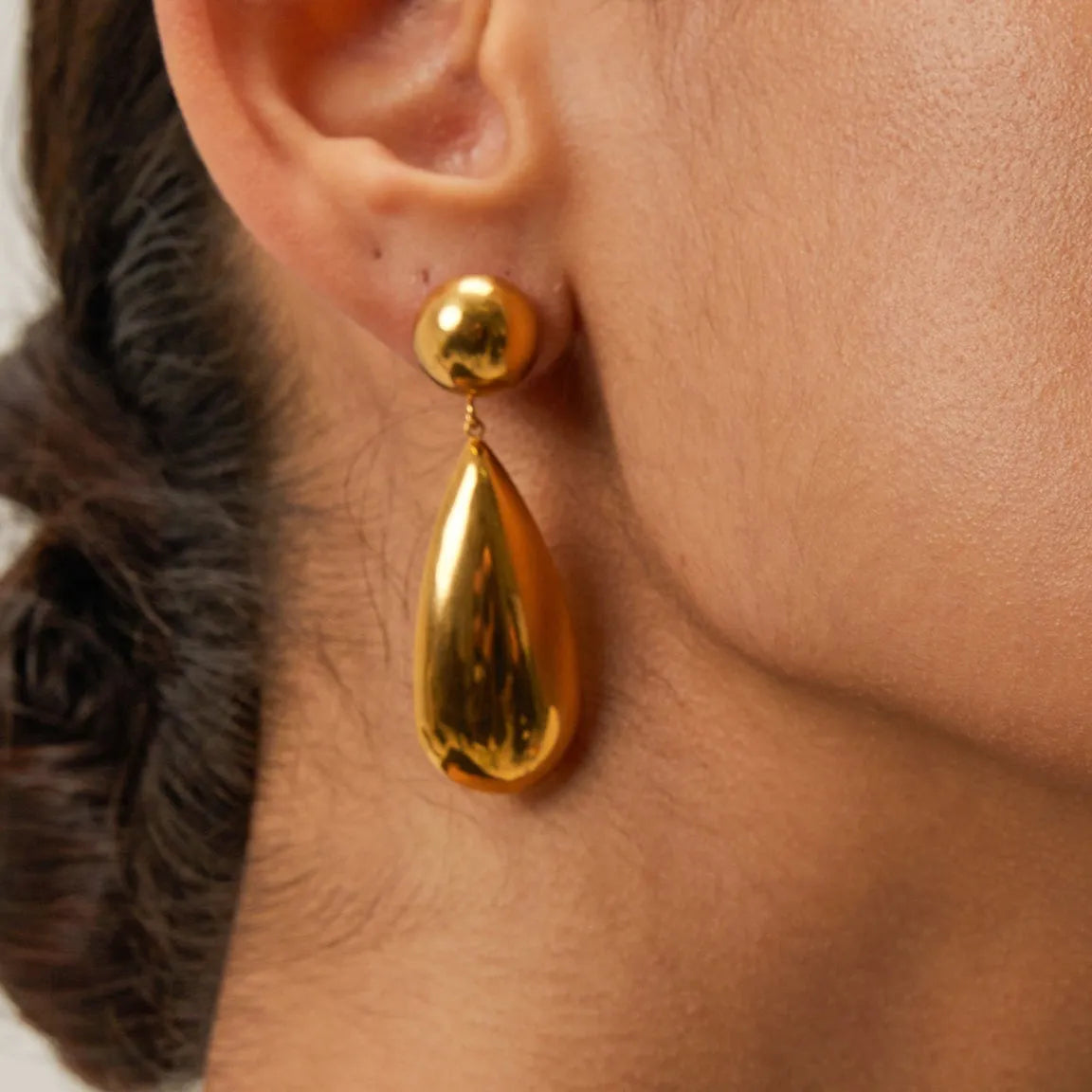 Gold geometric water drop earrings with hemispherical stainless steel construction
