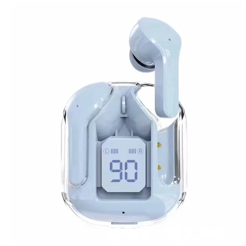 Transparent space capsule case showing Jerry chip Bluetooth earphones inside with digital battery display