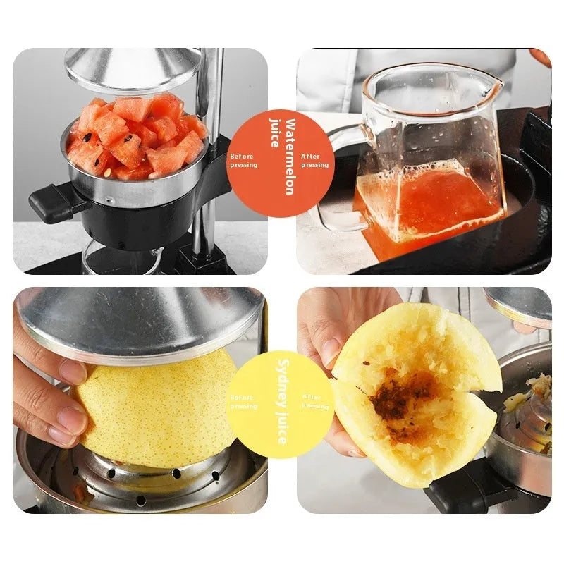 Black cast iron manual juicer with stainless steel strainer measuring 40cm in height