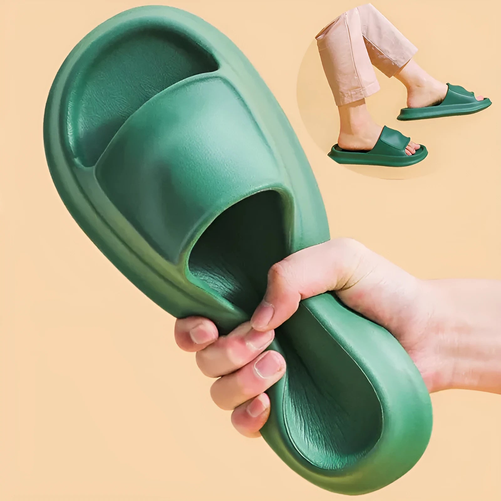 EVA flip-flop slippers with thick sole in assorted colours on a white background.