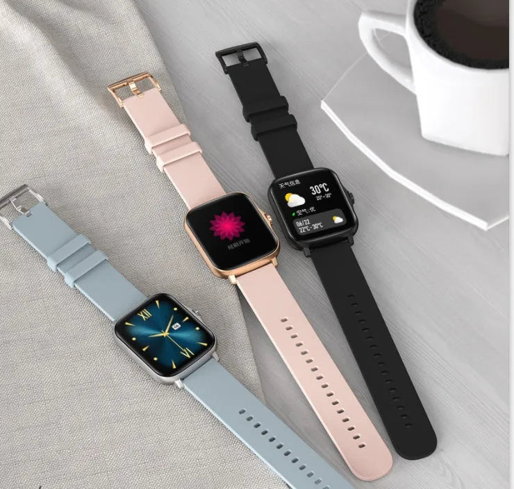 Smart watch with 1.7-inch colour touchscreen on adjustable strap in black, blue or gold