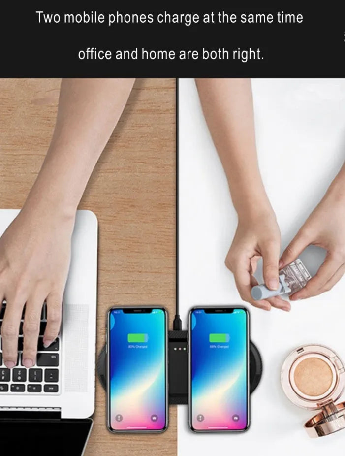 Black and white dual wireless charging pad with two phone charging surfaces and Type-C cable