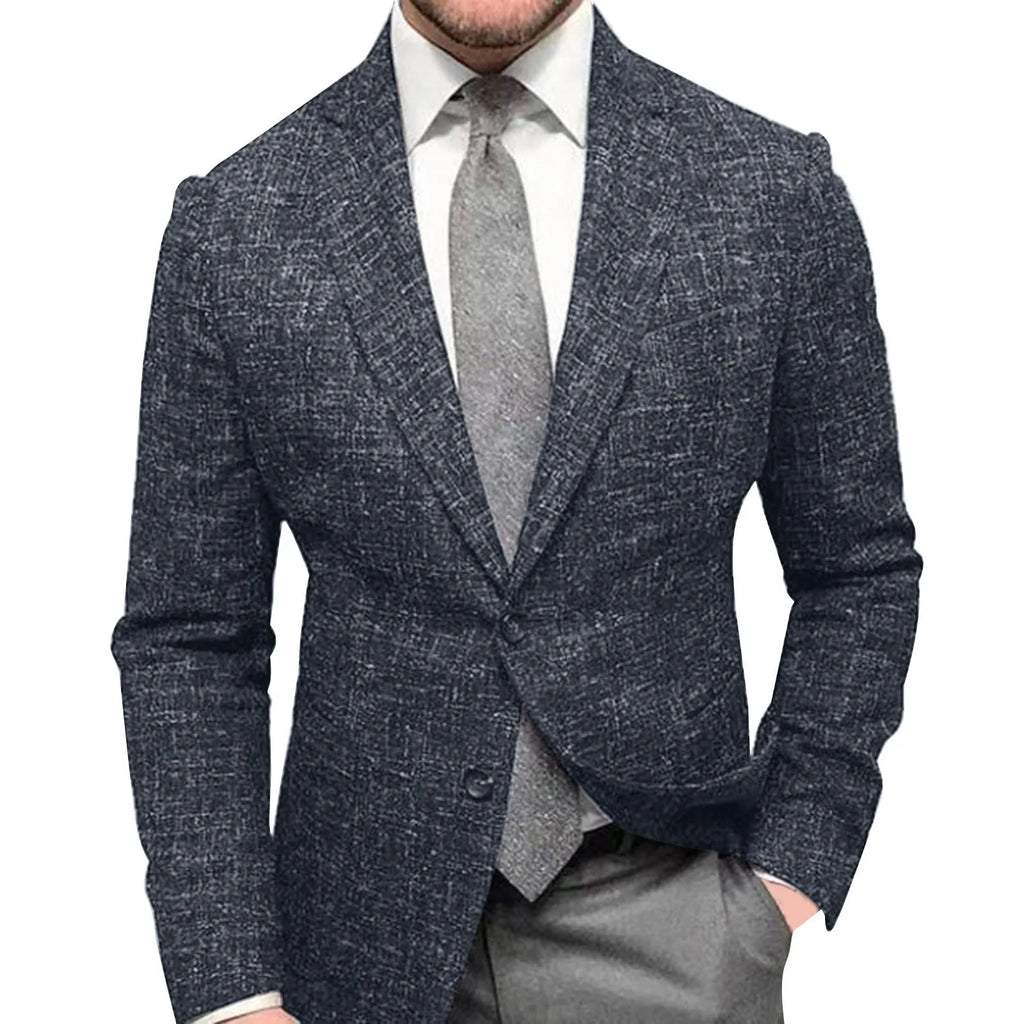 Men's slim fit plaid lapel long sleeve suit coat in blue plaid - polyester woolen business jacket