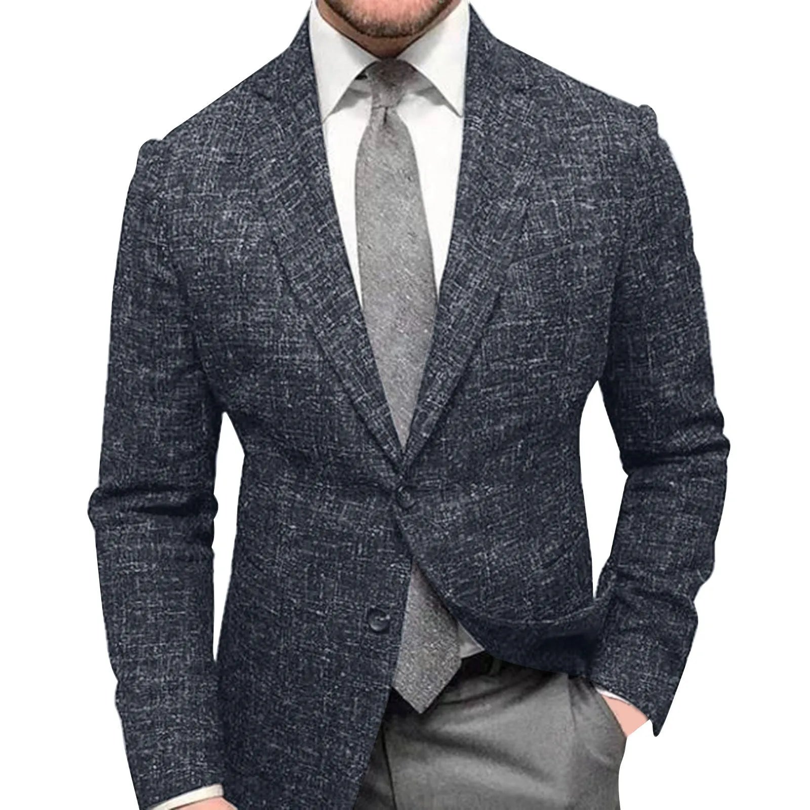 Men's slim fit plaid lapel long sleeve suit coat in blue plaid - polyester woolen business jacket