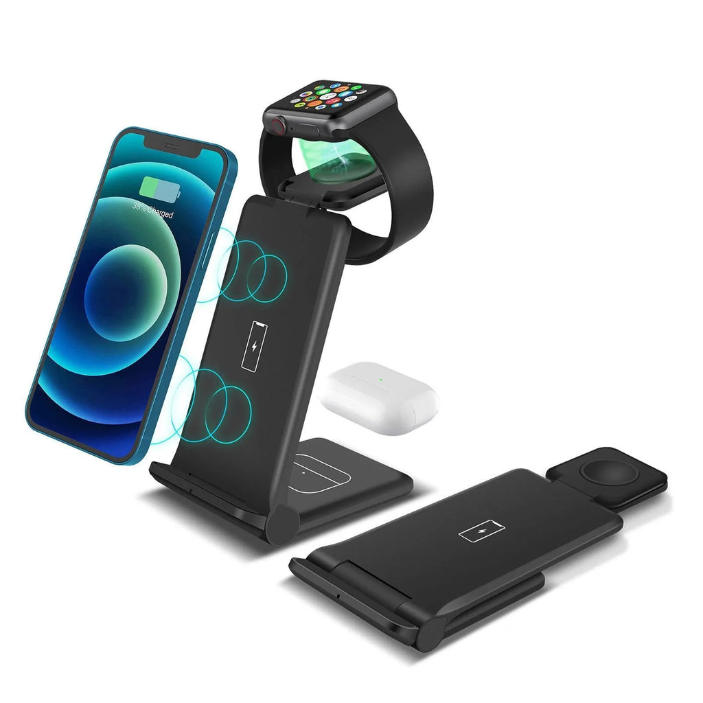 White 3-in-1 foldable wireless charging station dock for phone, AirPods, and Apple Watch on a desk.