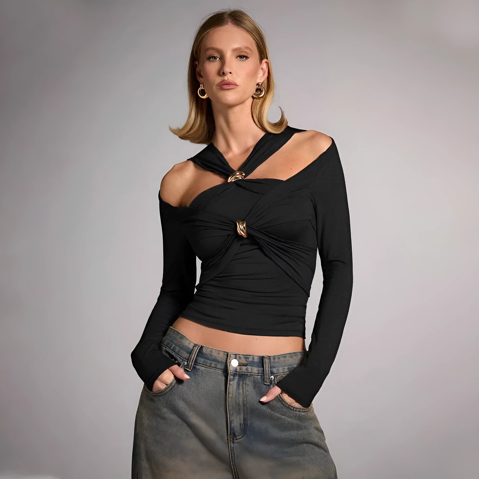 Black women's polyester halter top with slim fit, long sleeves, and shoulder-baring design