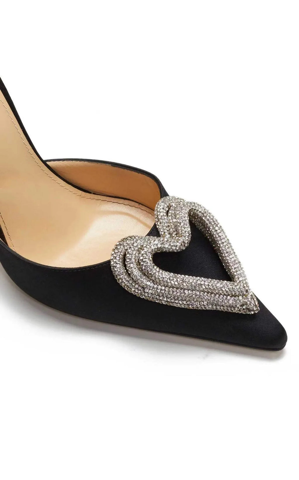 Women's pointed toe sandals with satin uppers, rhinestone details and adjustable cross-belt ankle wrap