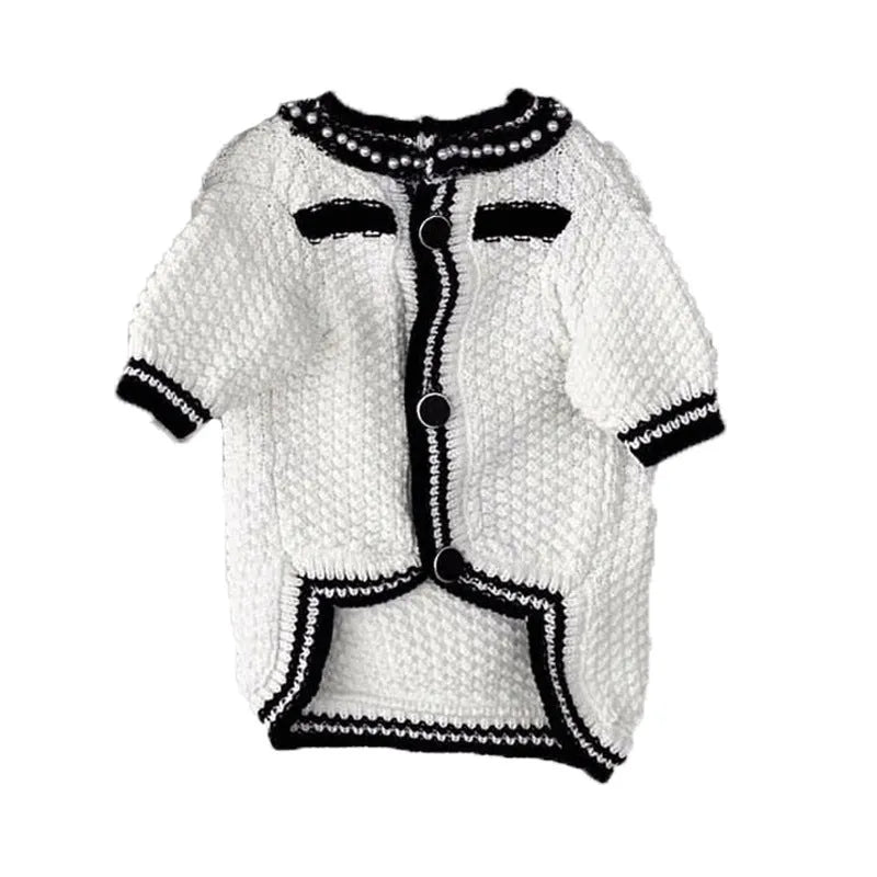 Korean style white pearl collar dog sweater on a small dog, showing the princess style design.