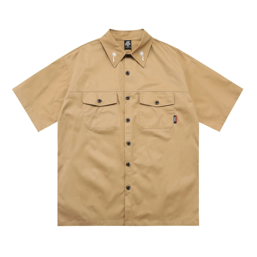 Men's plus size loose fit cotton blend work shirt with embroidered design and half sleeves