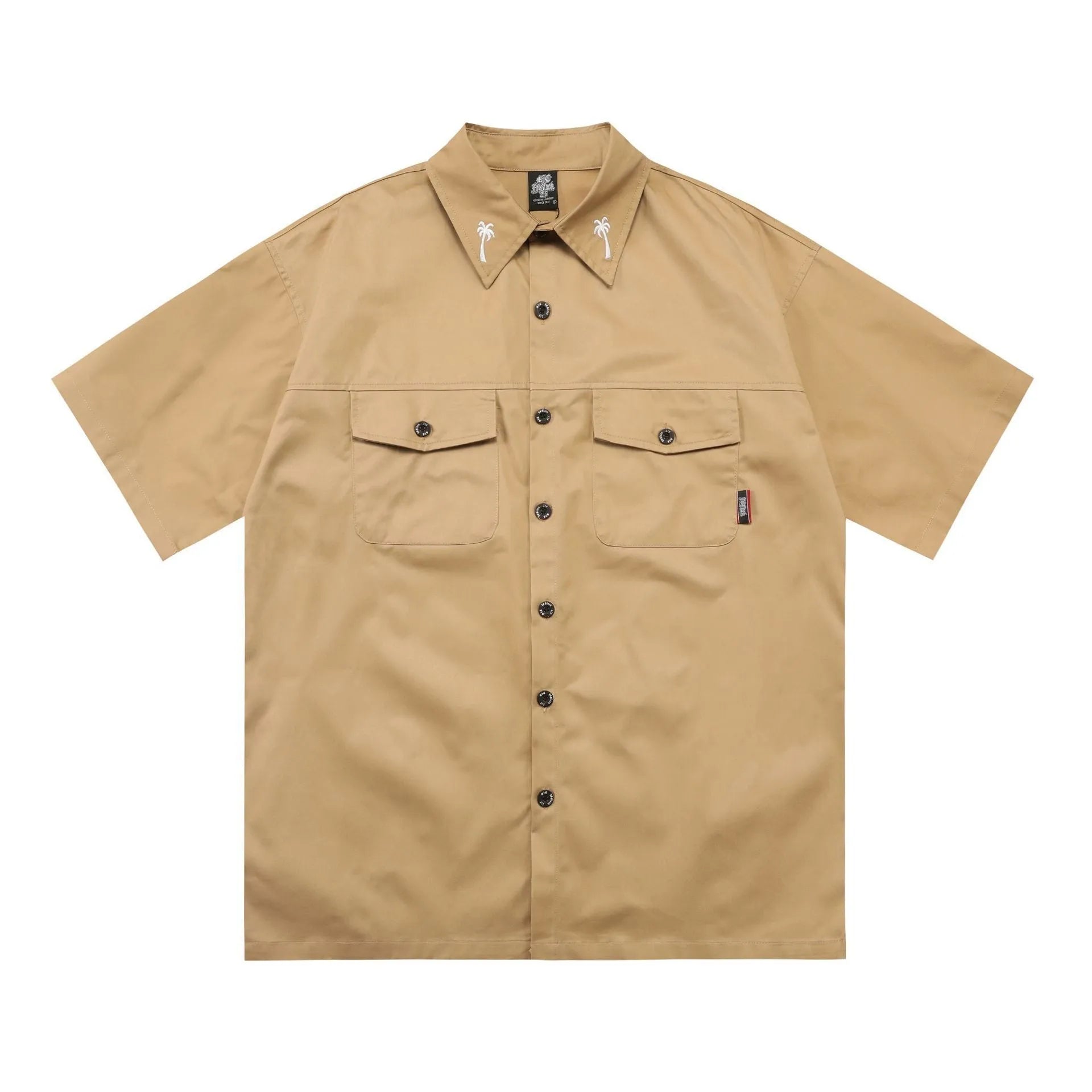 Men's plus size loose fit cotton blend work shirt with embroidered design and half sleeves