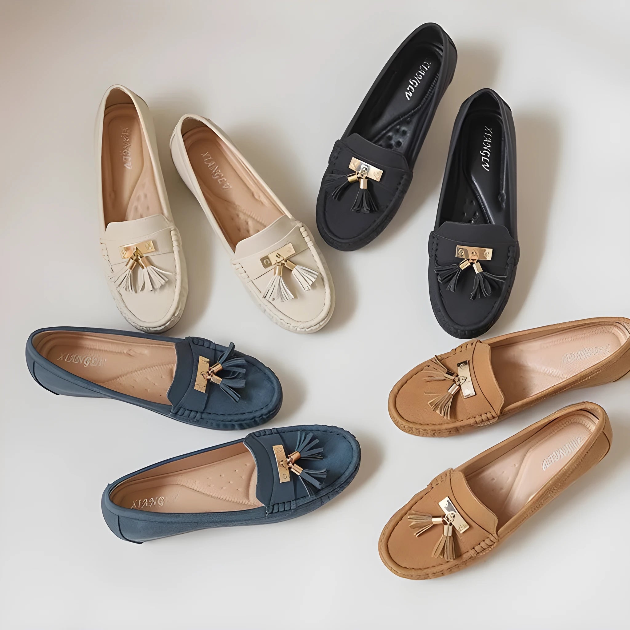 Beige, black, blue, and brown mid-heel height increasing shoe insoles with round toe and oversleeve design.