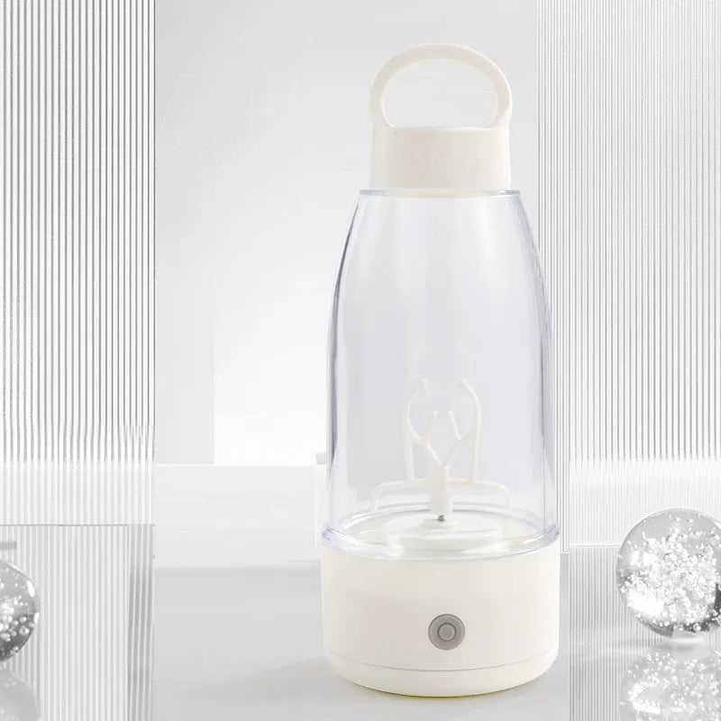 Automatic electric shaker bottle with USB charging port, handle, and blending button in green, pink, or white.
