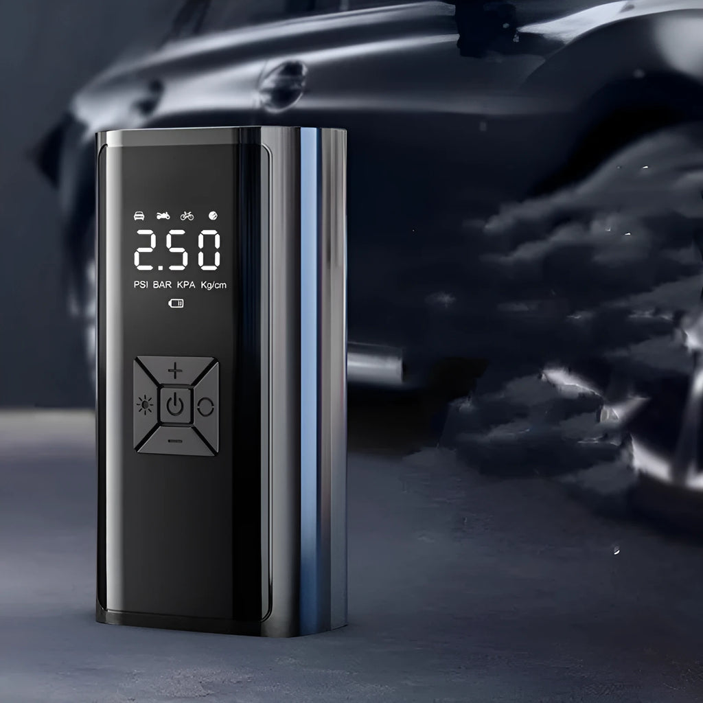 Portable wireless digital tyre pump with display, power bank function, and 15cm inflatable tube