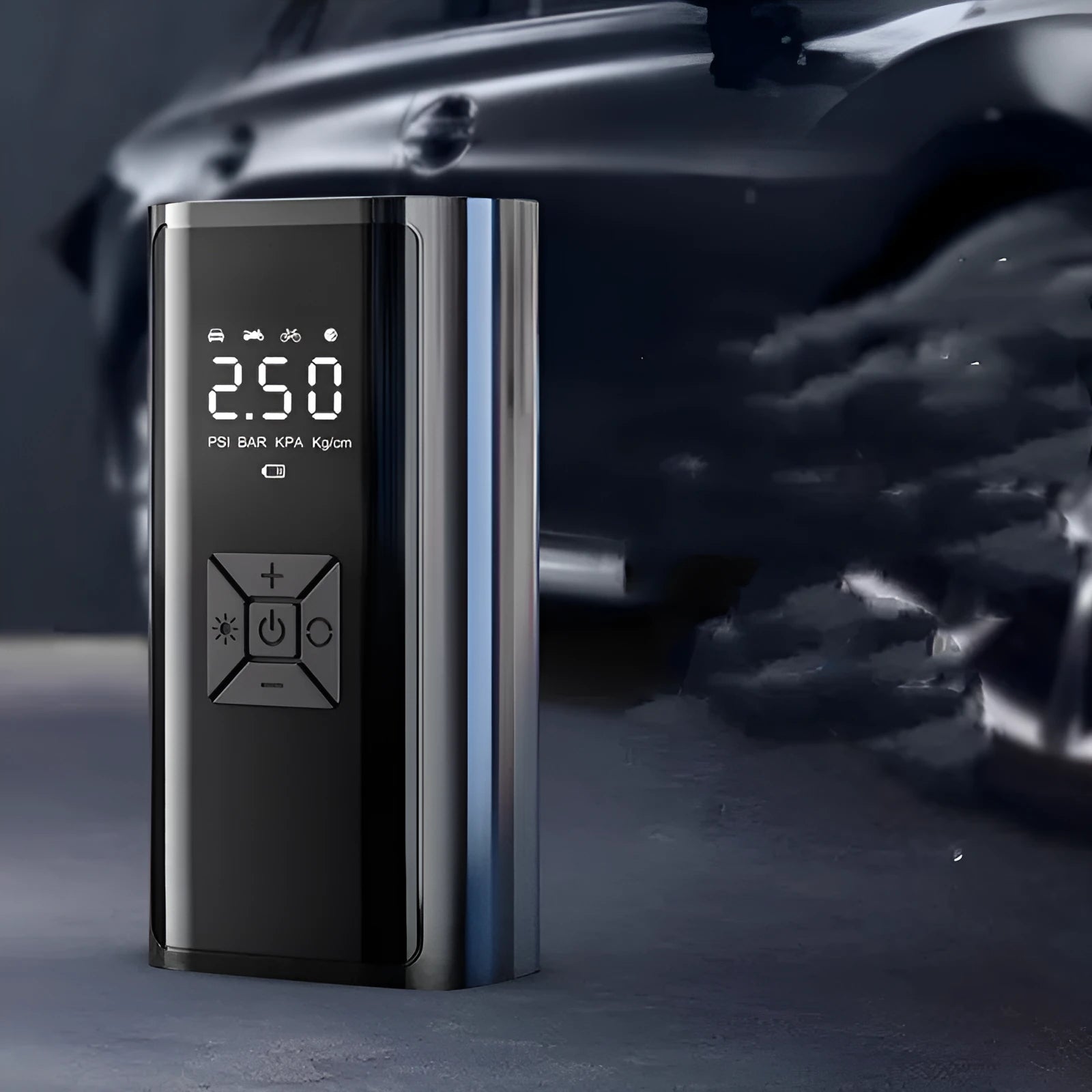 Portable wireless digital tyre pump with display, power bank function, and 15cm inflatable tube