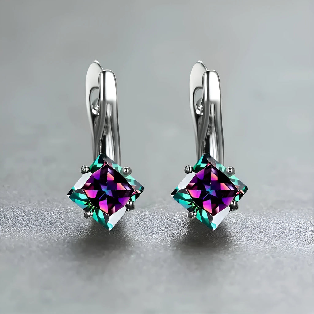 Women's diamond design copper earrings with inlaid blue zircon stones as decorative costume jewellery