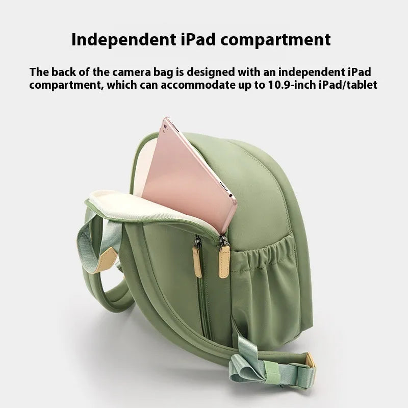 Polyester shoulder camera bag with detachable iPad compartment in black colour with curve belt strap