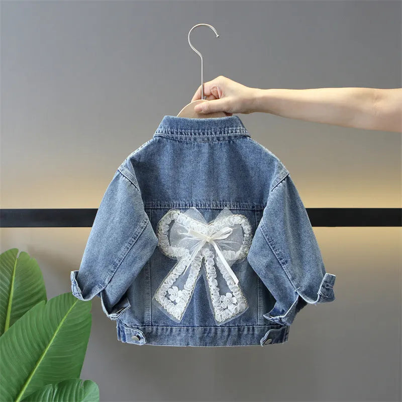 Girls single-breasted denim bow coat in pink or white, cotton fabric, back bow detail, cartoon pattern, spring autumn wear