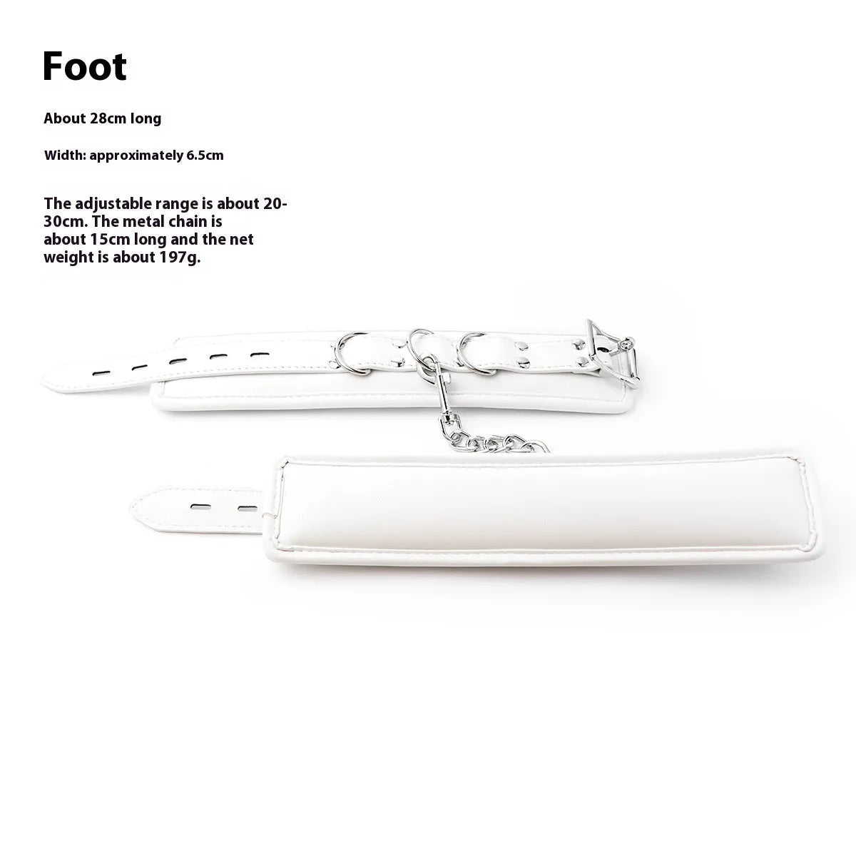 White PU sponge bondage set showing handcuffs, footcuffs and neck scarf components