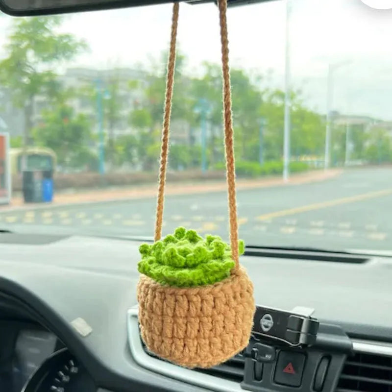 Green and white knitted wool succulent car ornament with 8cm base and hanging cord