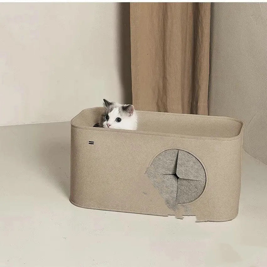 Foldable felt cat nest in khaki colour, shown in both its open shelter form and folded flat for storage.