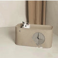 Foldable felt cat nest in khaki colour, shown in both its open shelter form and folded flat for storage.