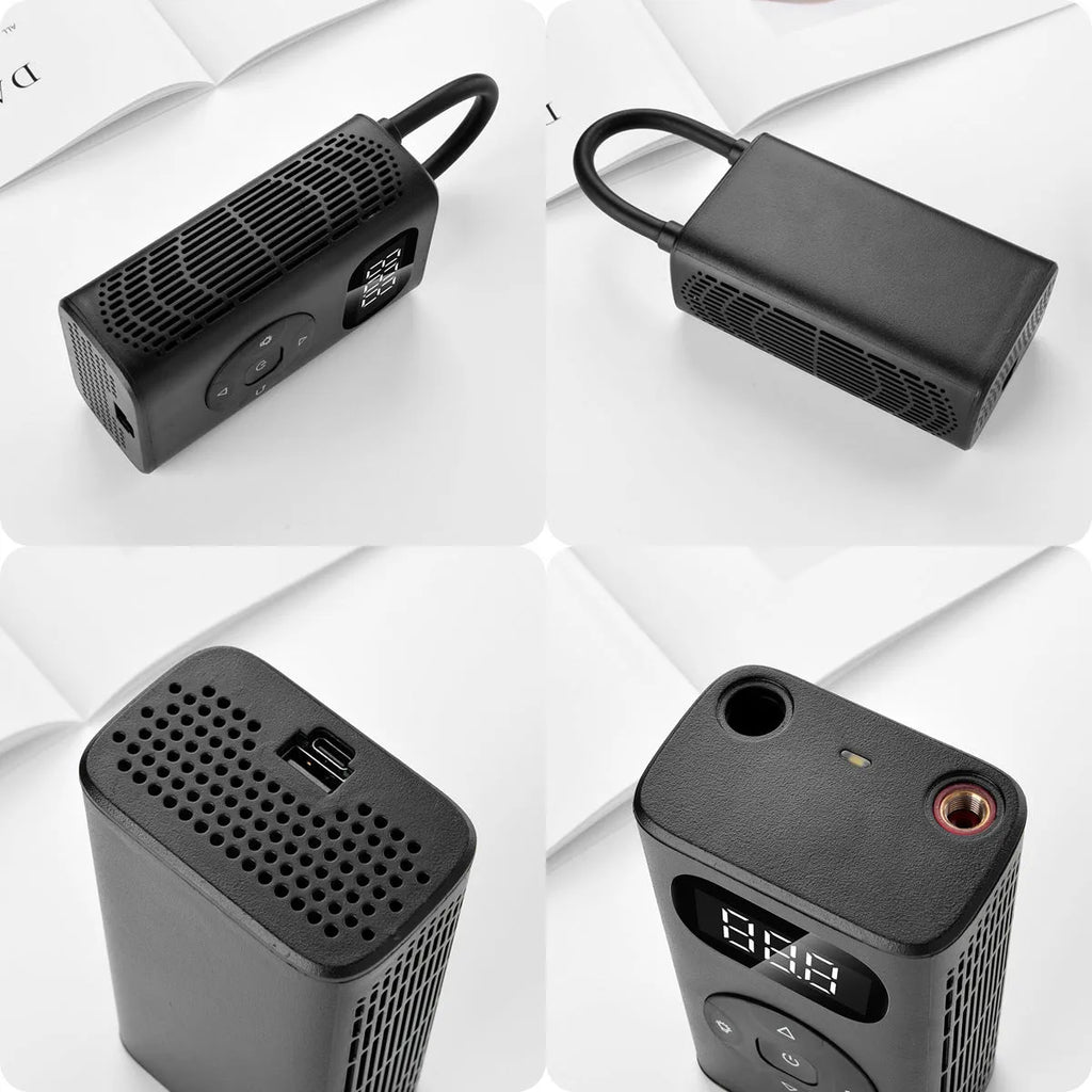 Black rectangular aviation alloy portable tyre inflator with USB cable on a grey background.