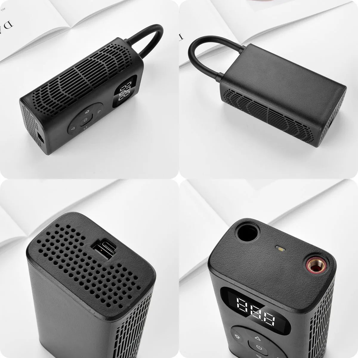 Black rectangular aviation alloy portable tyre inflator with USB cable on a grey background.