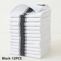 Pack of 12 striped cotton dish towels in various colours, shown with dimensions of 48cm by 70cm.