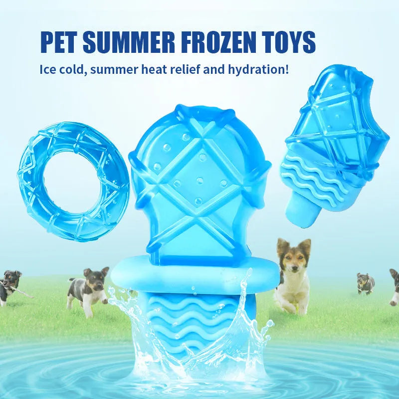 Three silicone dog cooling toys: pacifier, popsicle and ring shapes for summer heat relief