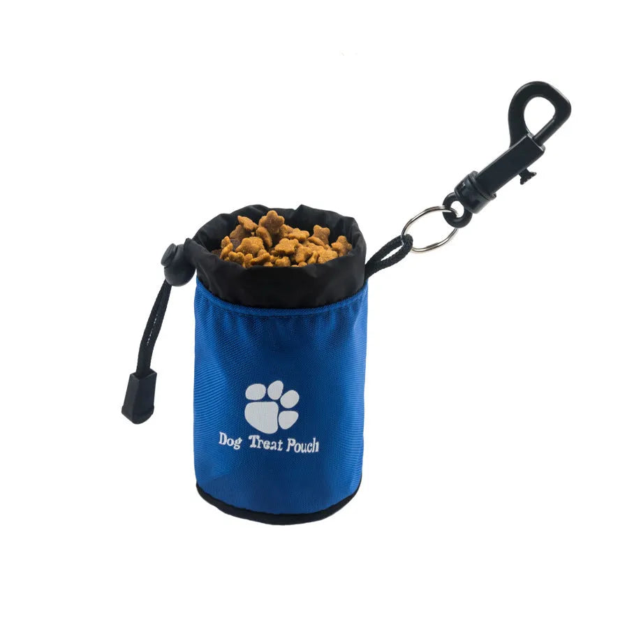 Mini nylon dog treat pouch with carabiner clip in red, green, black, and blue colour options.