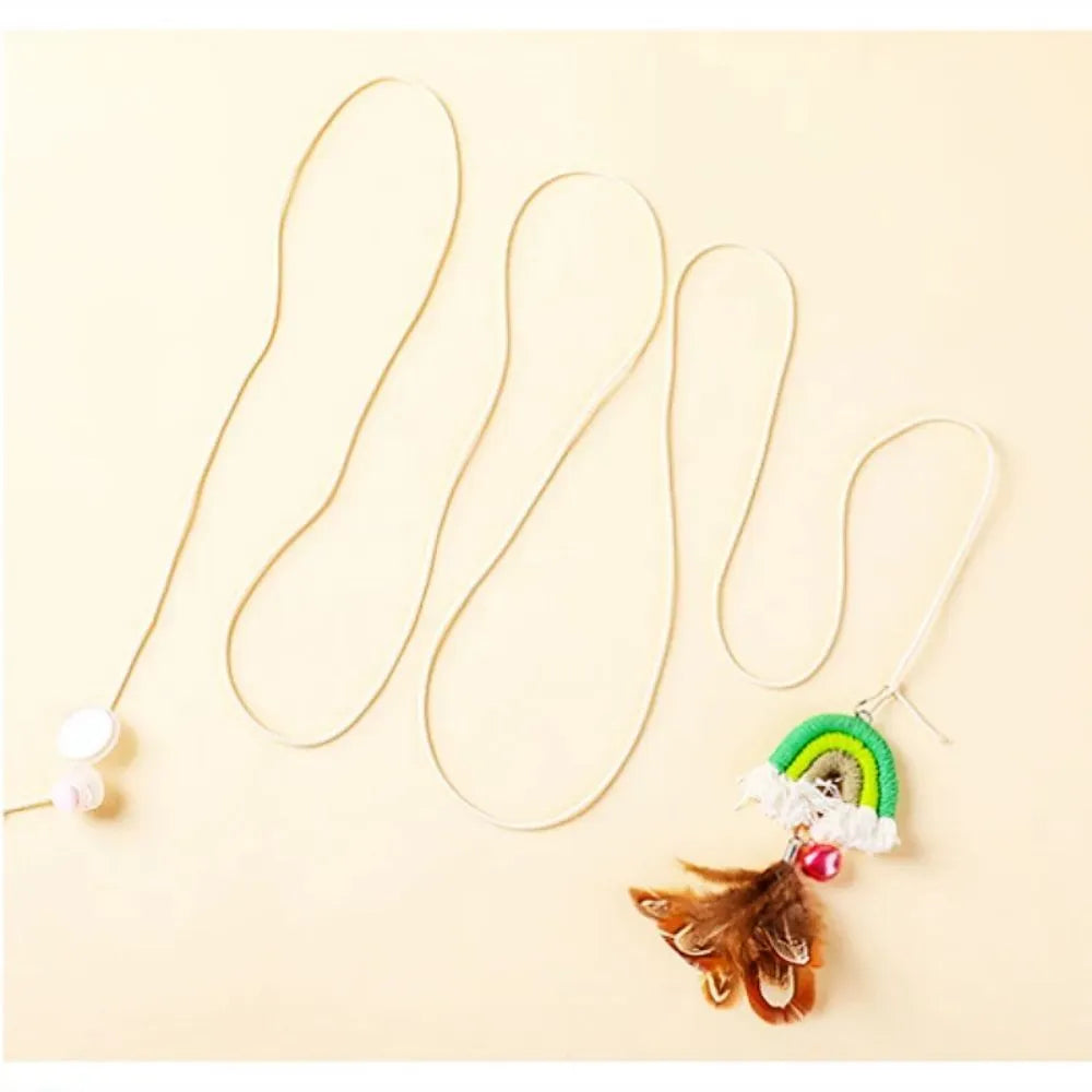 Feather cat rope door hanging toy with elastic swing and sticky buckle clamp in rainbow colours