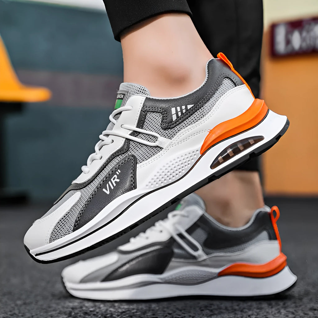 Men's gray mesh running shoes with EVA sole and round toe, shown from side view
