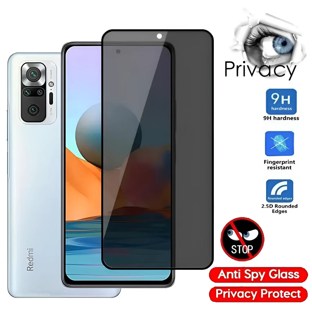 Anti-spy tempered glass screen protector for Poco and Redmi Note mobile phones on a table.