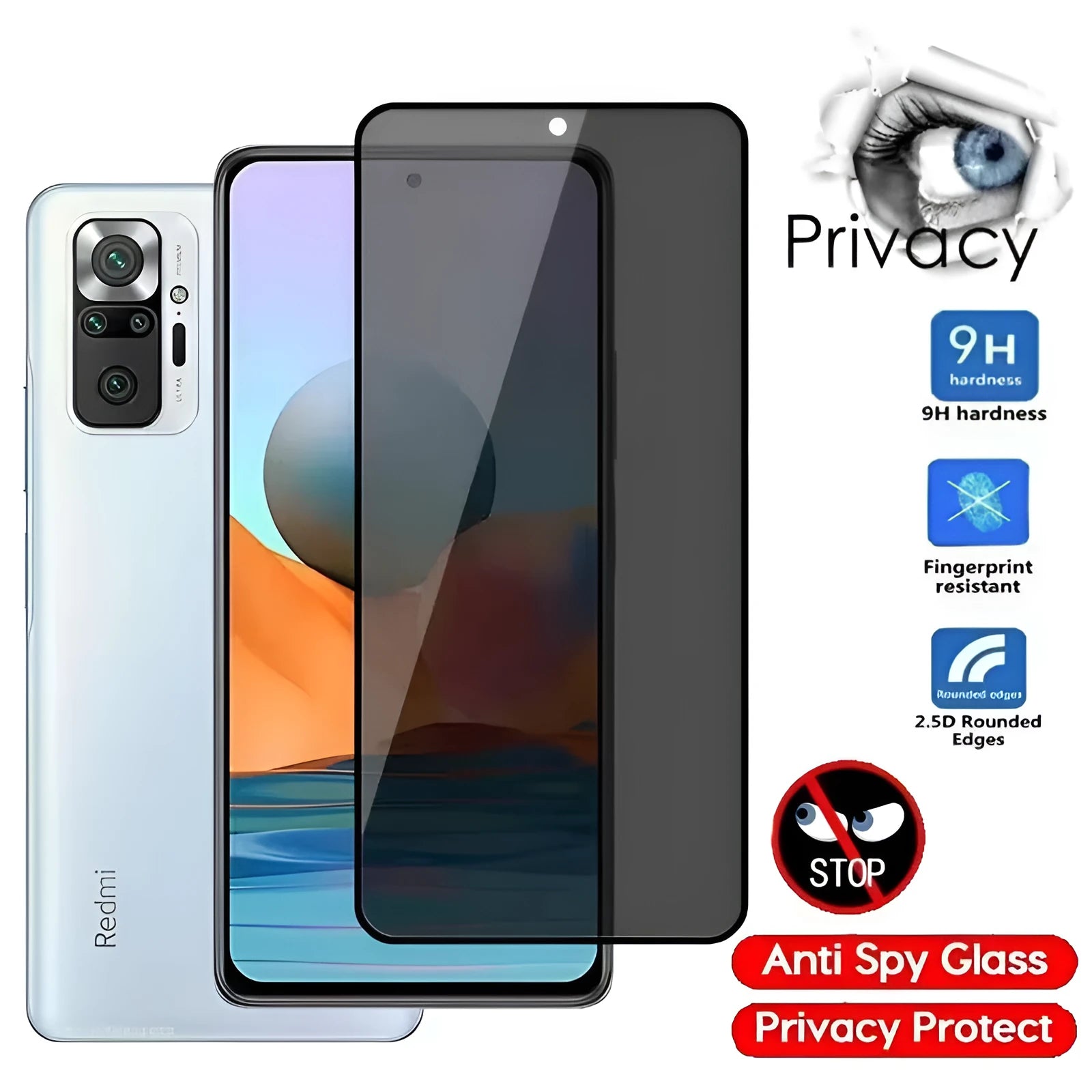 Anti-spy tempered glass screen protector for Poco and Redmi Note mobile phones on a table.