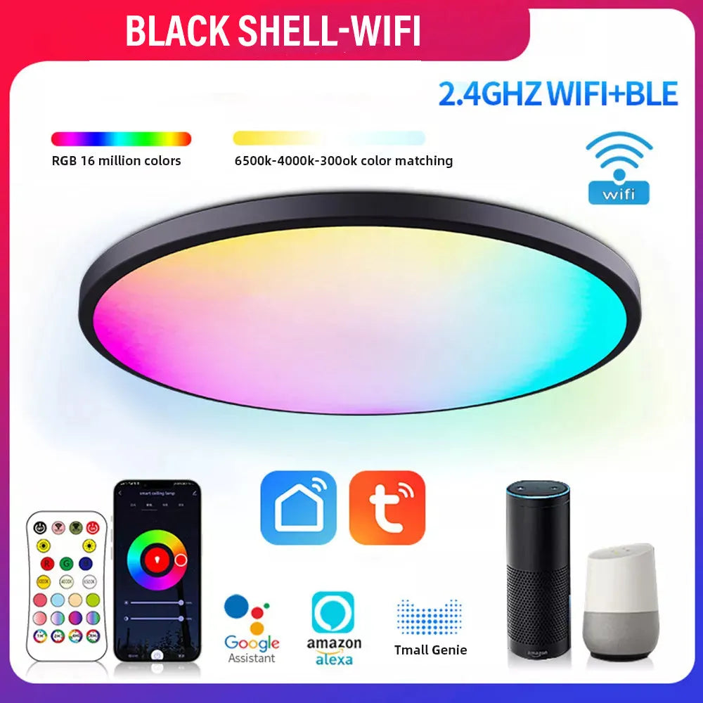 Modern round Bluetooth RGBCW ceiling panel light with remote control, shown in a white finish on a ceiling.