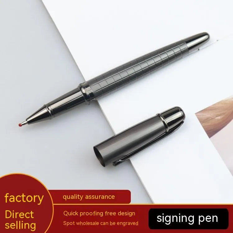 Gun grey metal roller pen with choice of black or blue ink for office use.