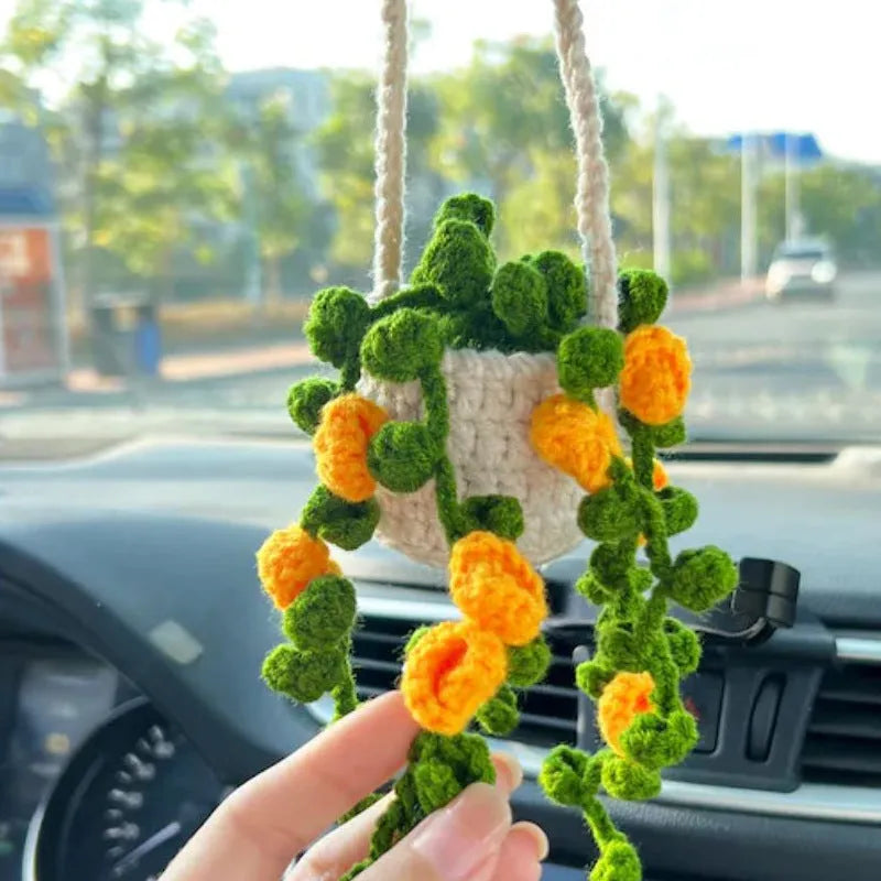 Green and white knitted wool succulent car ornament with 8cm base and hanging cord