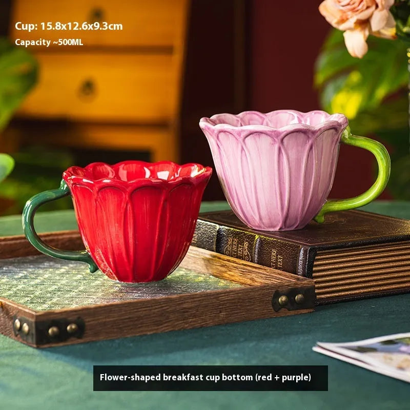 Red and purple ceramic breakfast mugs with floral pattern, 500ml capacity.
