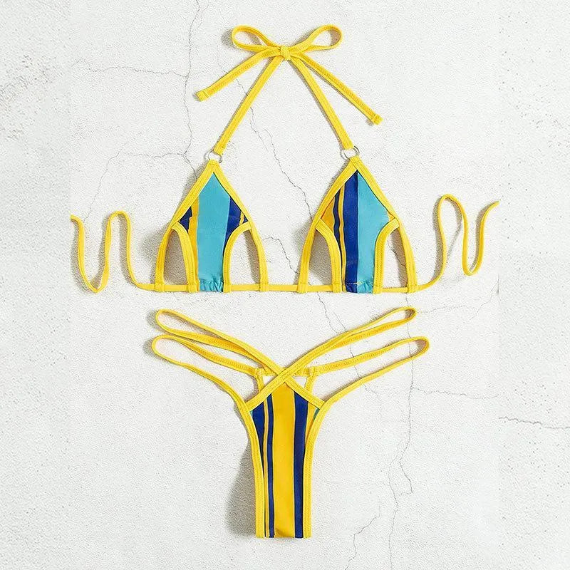 Yellow women's split swimsuit with neck-hanging style, hollow back, and high-waisted briefs