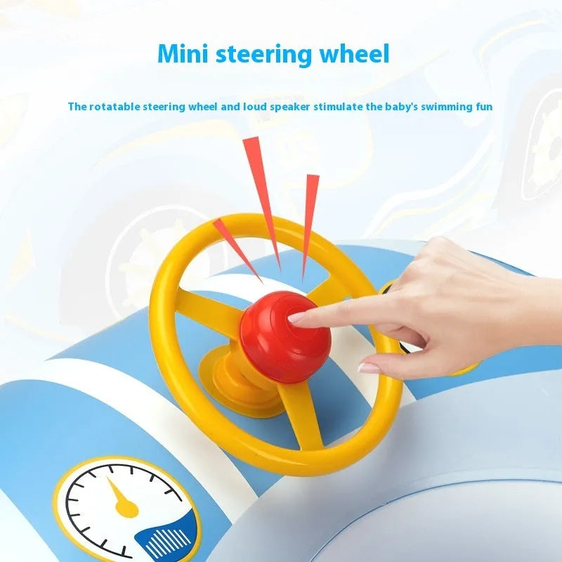 Inflatable children's swimming ring with mini steering wheel in pink sports car design