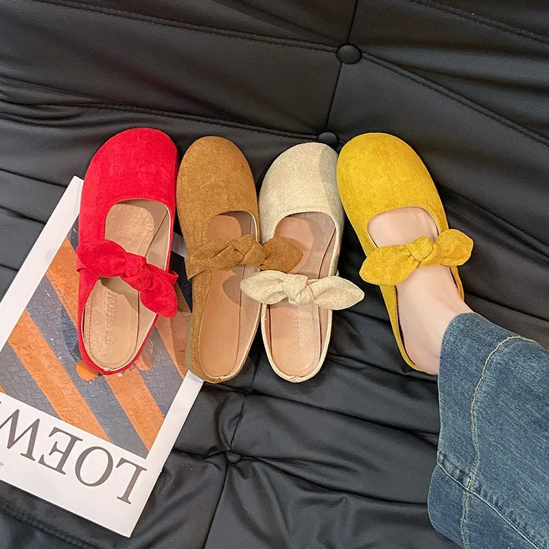 Plus size women's bow toe half slippers in artificial PU, rubber sole, apricot colour, sizes 35-43