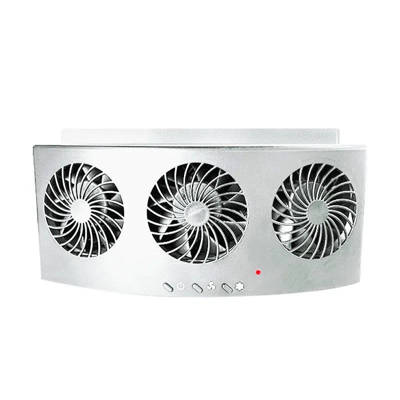Black and white portable USB car ventilation fan on a car dashboard with power cable.