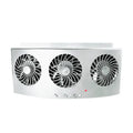 Black and white portable USB car ventilation fan on a car dashboard with power cable.