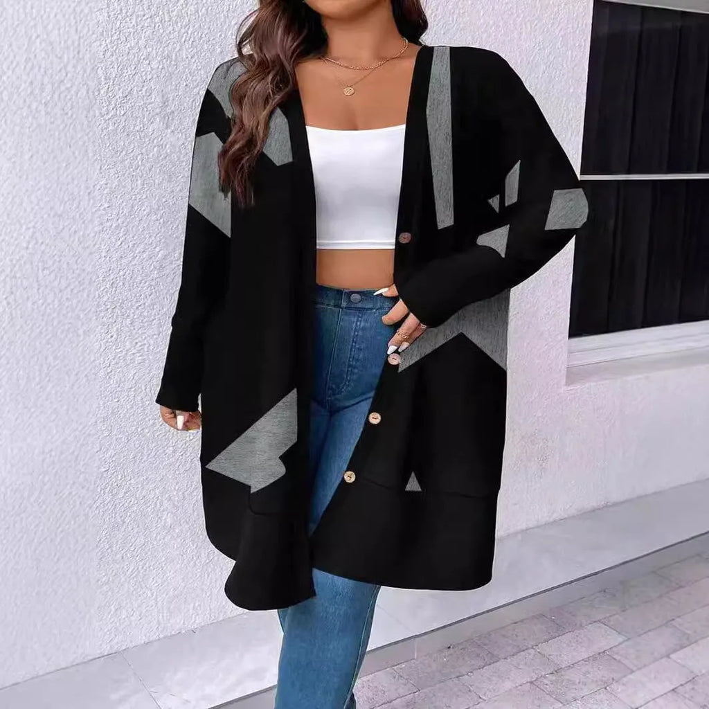 Black plus size casual coat with Japanese Korean styling and button stitching details